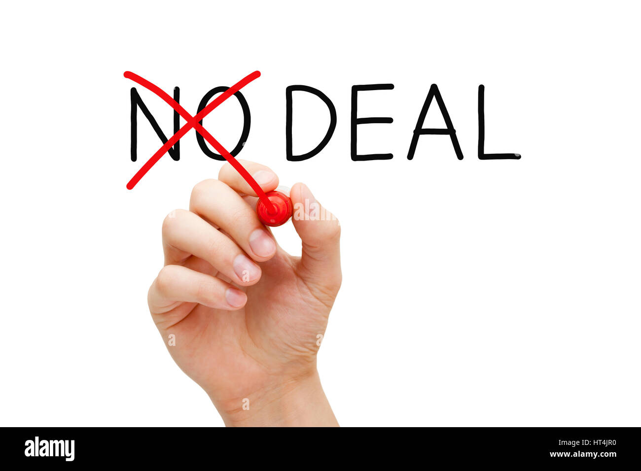 Hand drehen No Deal in Deal mit roten Marker isoliert auf weiss. Stockfoto