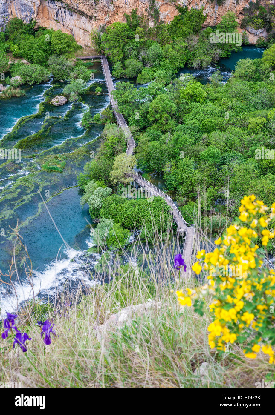 Frühling Blumen im Nationalpark Krka. Holzbrücke über den Fluss Krka in der Nähe von Roski slap in Kroatien Stockfoto