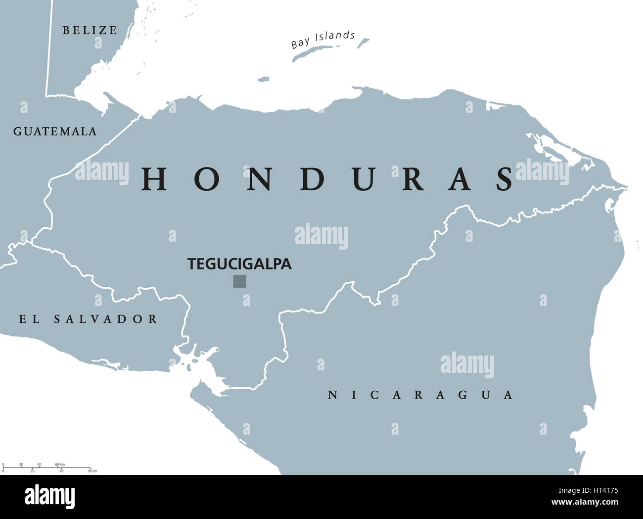 Honduras politische Karte mit Hauptstadt Tegucigalpa, nationale Grenzen und Nachbarn. Republik und Land in Mittelamerika. Spanisches Honduras. Graue illus Stockfoto
