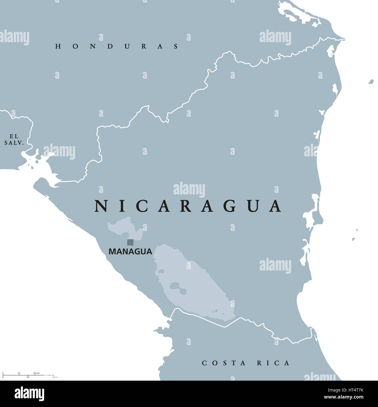 Nicaragua politische Karte mit Hauptstadt Managua, nationale Grenzen und Nachbarn. Republik und Land in Mittelamerika Landenge. Stockfoto