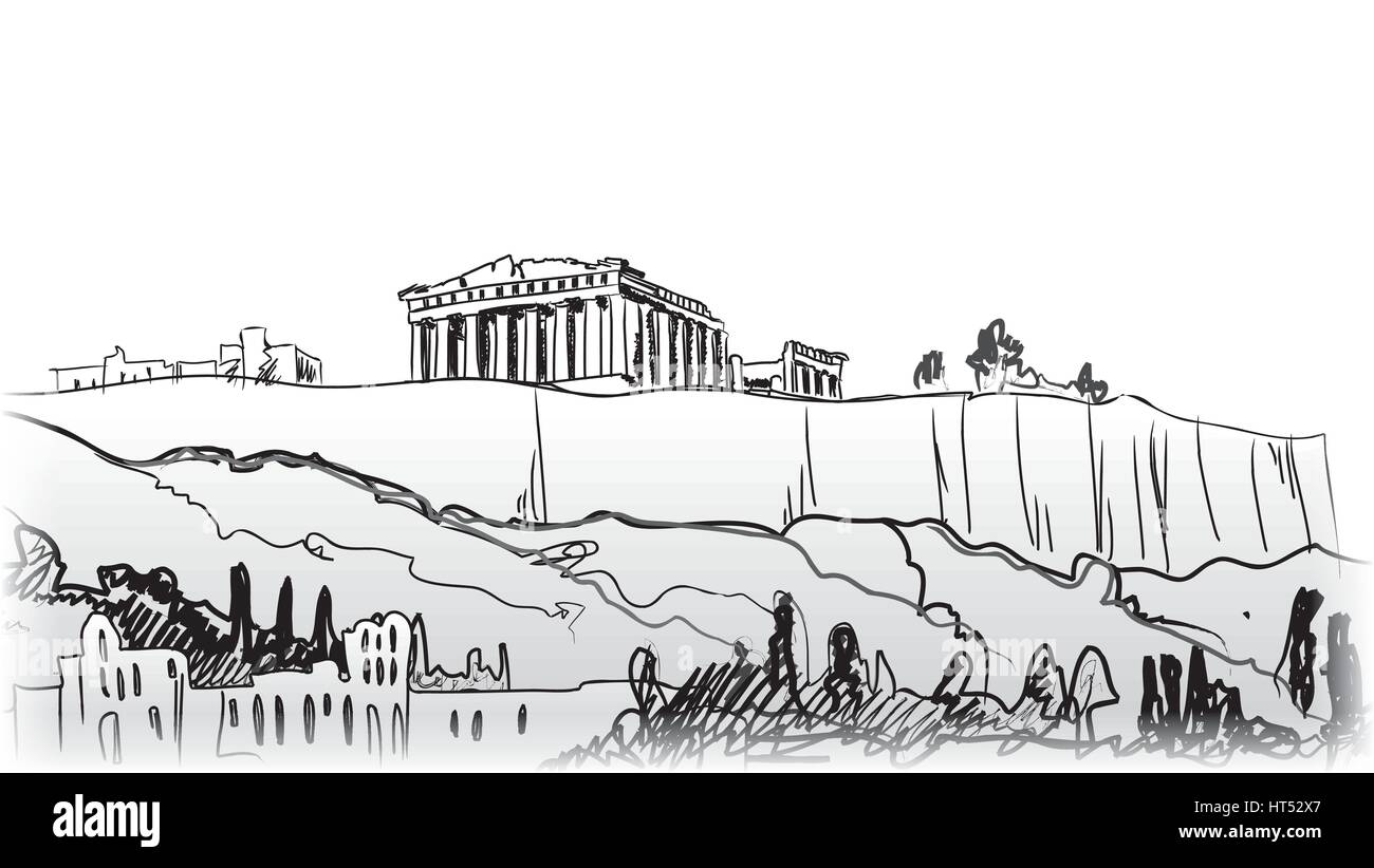 Reisen Griechenland unterzeichnen. Athen berühmte Gebäude mit handgezeichneten Schriftzug Athen, Griechenland. Stock Vektor