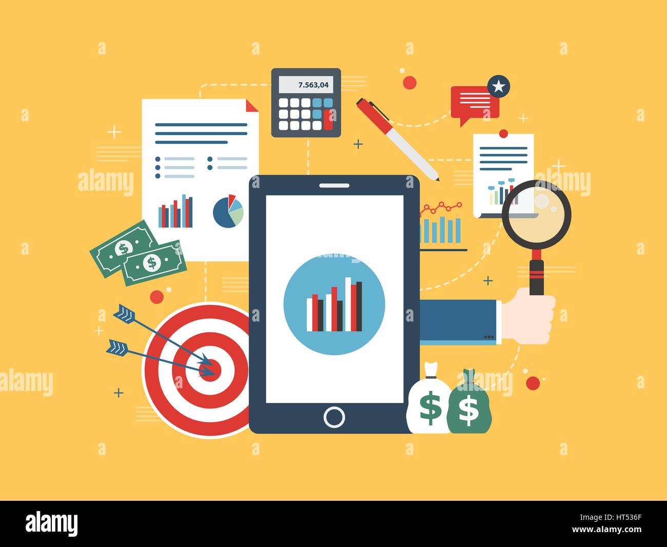 Flaches Design Vektor Illustration Konzept der Geldanlage, Analytik mit Wachstum Bericht. Berechnungen und Grafiken der Gewinne an der Börse ein Stock Vektor