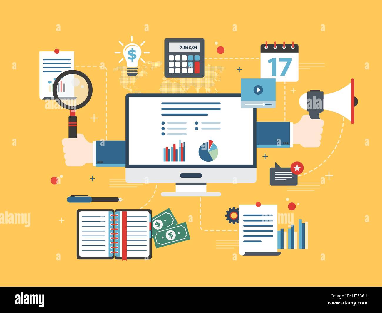 Flaches Design Vektor Illustration Konzept der Geldanlage, Analytik mit Wachstum Bericht. Berechnungen und Grafiken der Gewinne an der Börse ein Stock Vektor