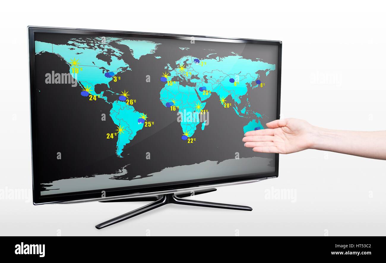 Hand zeigt Wettervorhersage auf modernen TV-Bildschirm Stockfoto