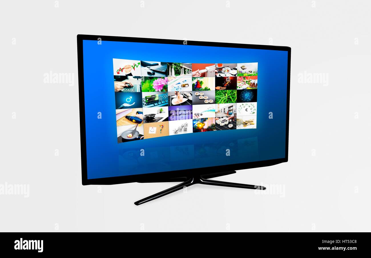 Breitbild-high-Definition-TV-Bildschirm mit video-Galerie. Fernsehen und Internet-Konzept. Stockfoto