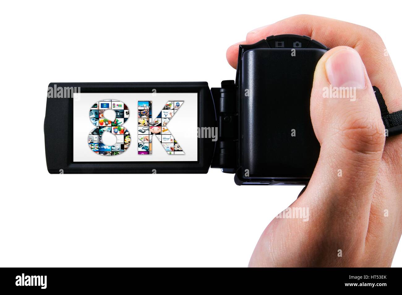 Hand mit Ultra-High-Definition-Camcorder isoliert auf weiss Stockfoto