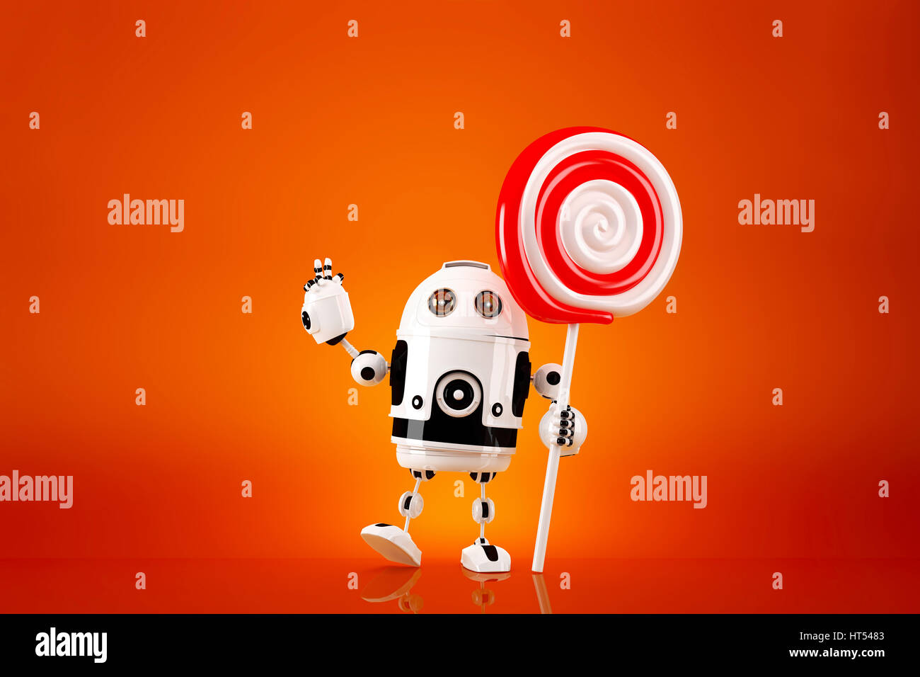 Roboter mit Lollipop auf orangem Hintergrund. Clipping-Pfad enthält. Stockfoto