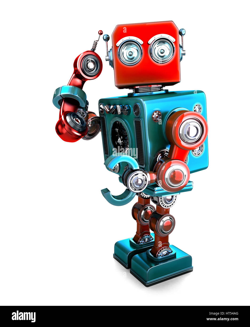 Niedliche 3D Retro Roboter mit Handy Tube. 3D Illustration. Isoliert. Clipping-Pfad enthält. Stockfoto