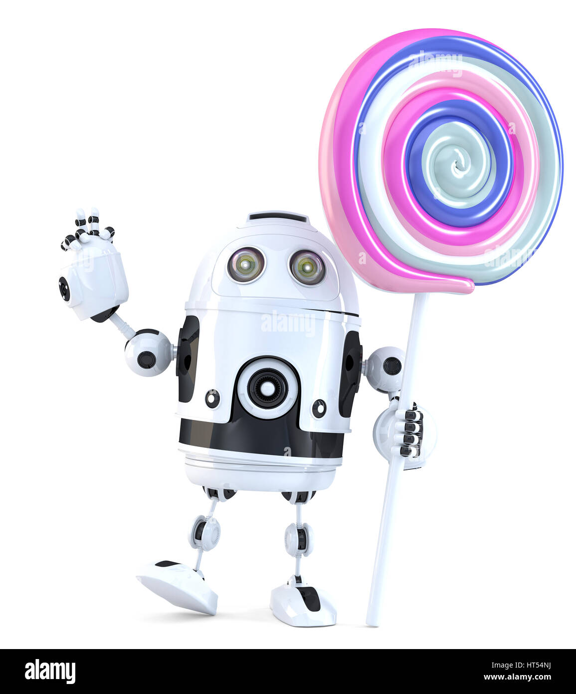 Niedliche Roboter mit Lollipop. Technologie-Konzept. 3D Illustration. Isoliert, Beschneidungspfad enthält. Stockfoto