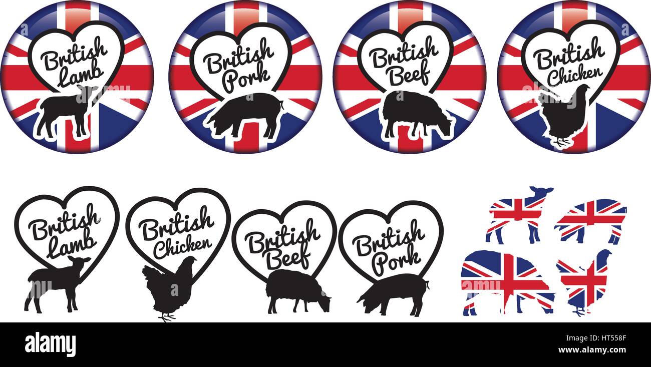 Vektor-ClipArt-Bilder der britischen Flagge mit Schwein, Lamm, Rind und Huhn Etiketten Stock Vektor