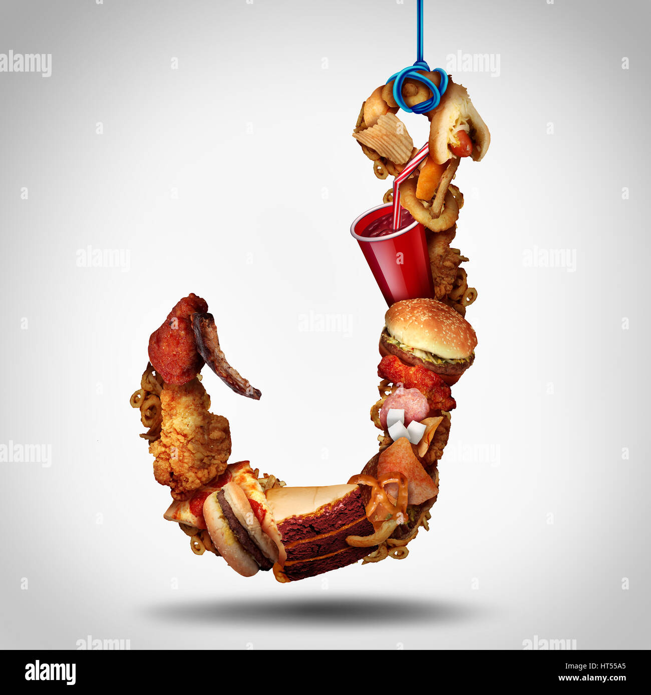 Süchtig nach Fett Konzept als Fast-Food oder hochkalorische Snackd als verlockende Köder als Essen Psychologie Konzept mit 3D Illustyration Elementen geprägt. Stockfoto
