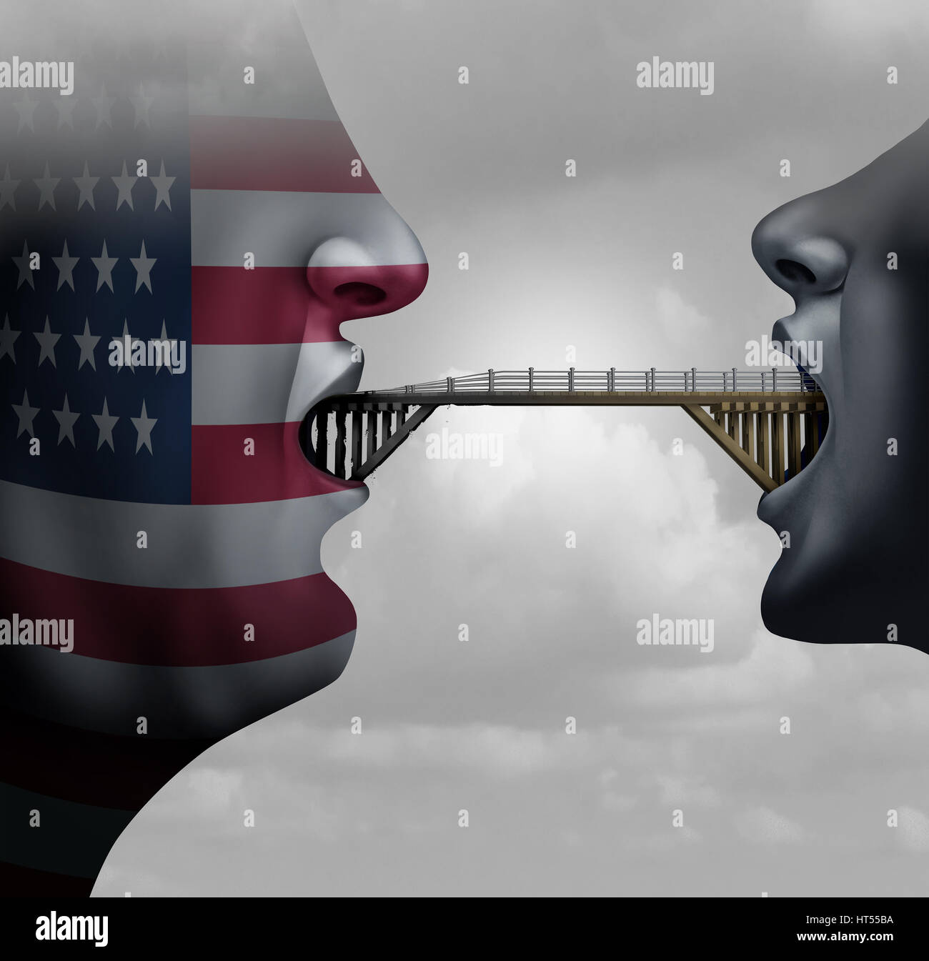 Amerikanische Einwanderung Verbot Konzept zeigt Amerika mit geschlossenem Mund blockieren eine Brücke als Reisender Einschränkung Metapher für Washington reisen. Stockfoto