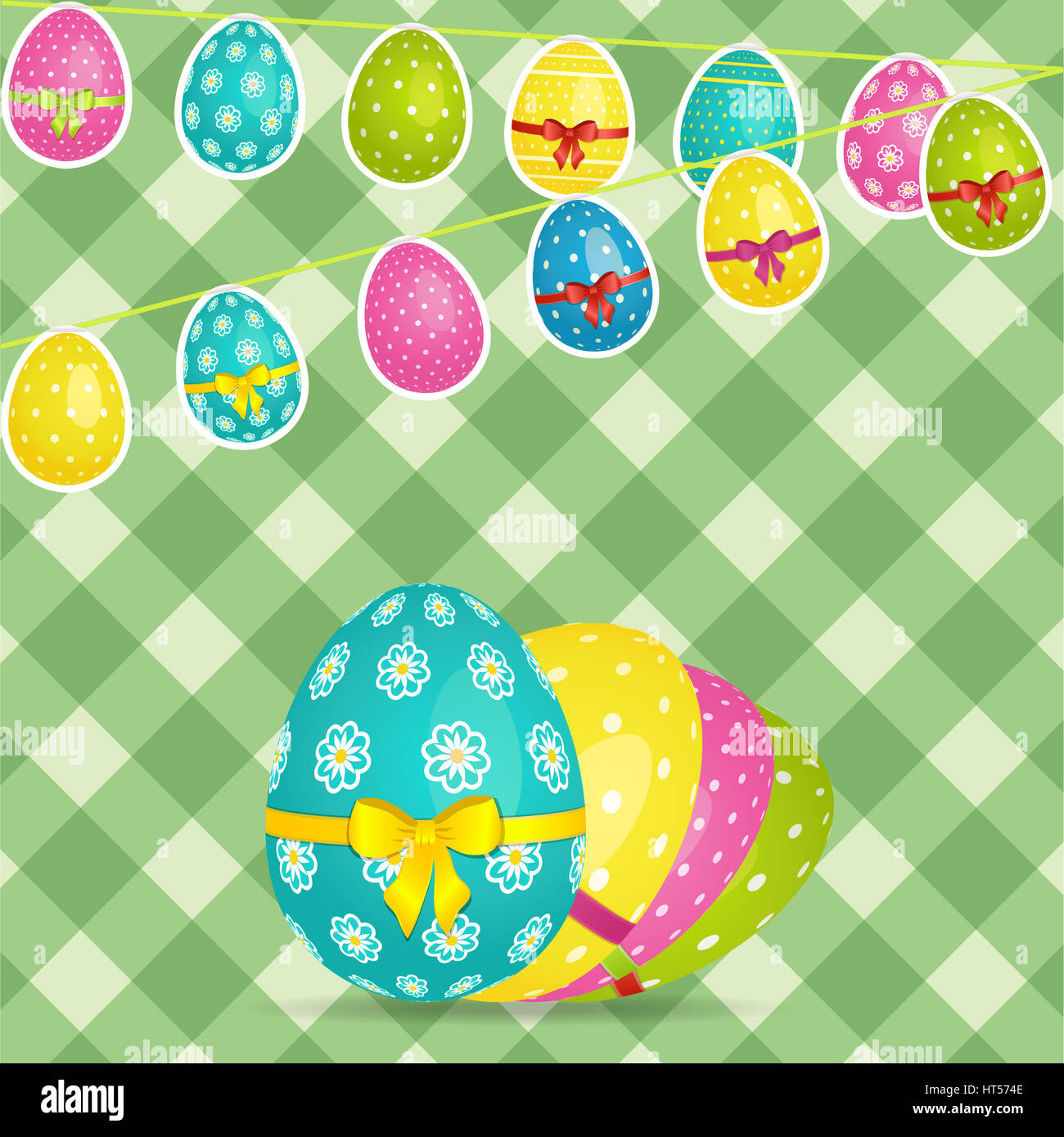 Ostern grün gekreuzten Streifen Hintergrund mit Ei förmige Bunting und Eier Stockfoto