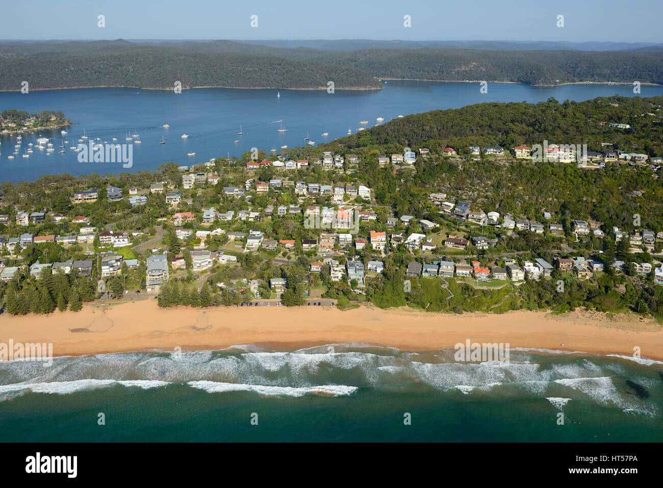 LUFTAUFNAHME. Wohnviertel mit Blick auf den Pazifik und das Pittwater in der Ferne. Whale Beach, Sydney, New South Wales, Australien. Stockfoto