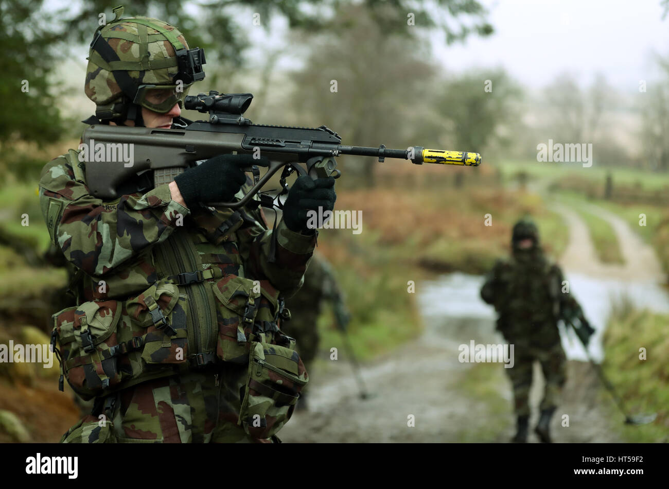 Mitglieder des Arbeitskreises 55. Infanterie nehmen Teil in der letzten Phase der Ausbildung in Glen Imaal, vor der Bereitstellung für die Friedensmission in den Golanhöhen Anfang April. Stockfoto