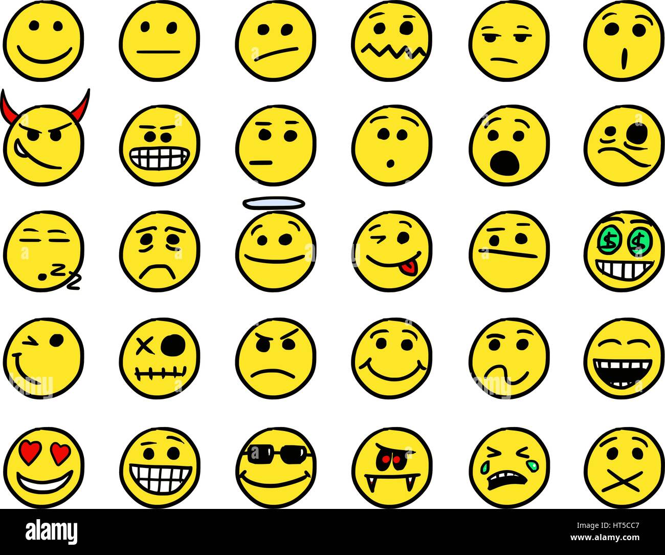 Set01 Smiley-Symbole Zeichnungen Kritzeleien in gelb Stock Vektor