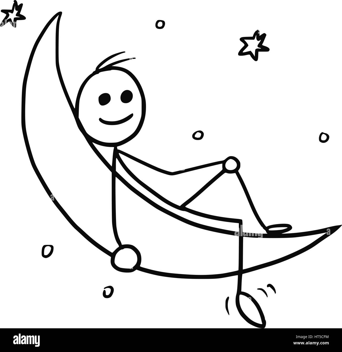 Cartoon-Vektor doodle Stickman sitzen auf den gehörnten Mondsichel Stock Vektor