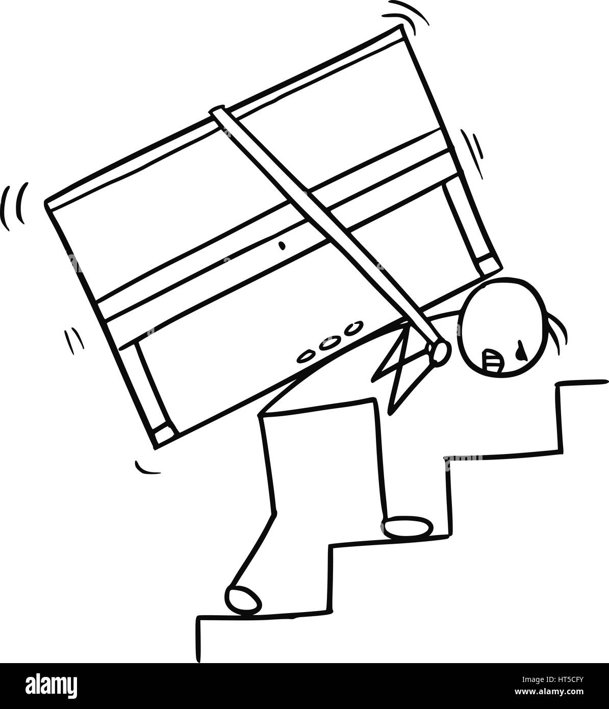 Cartoon-Vektor doodle Stickman ein Klavier die Treppe hinauf tragen Stock Vektor