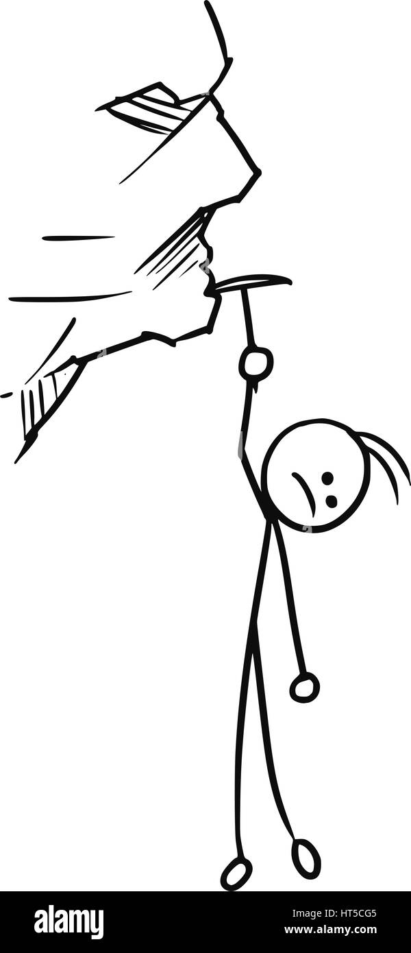 Cartoon-Vektor doodle Stickman gefährlich an der Klippe hängen Stock Vektor