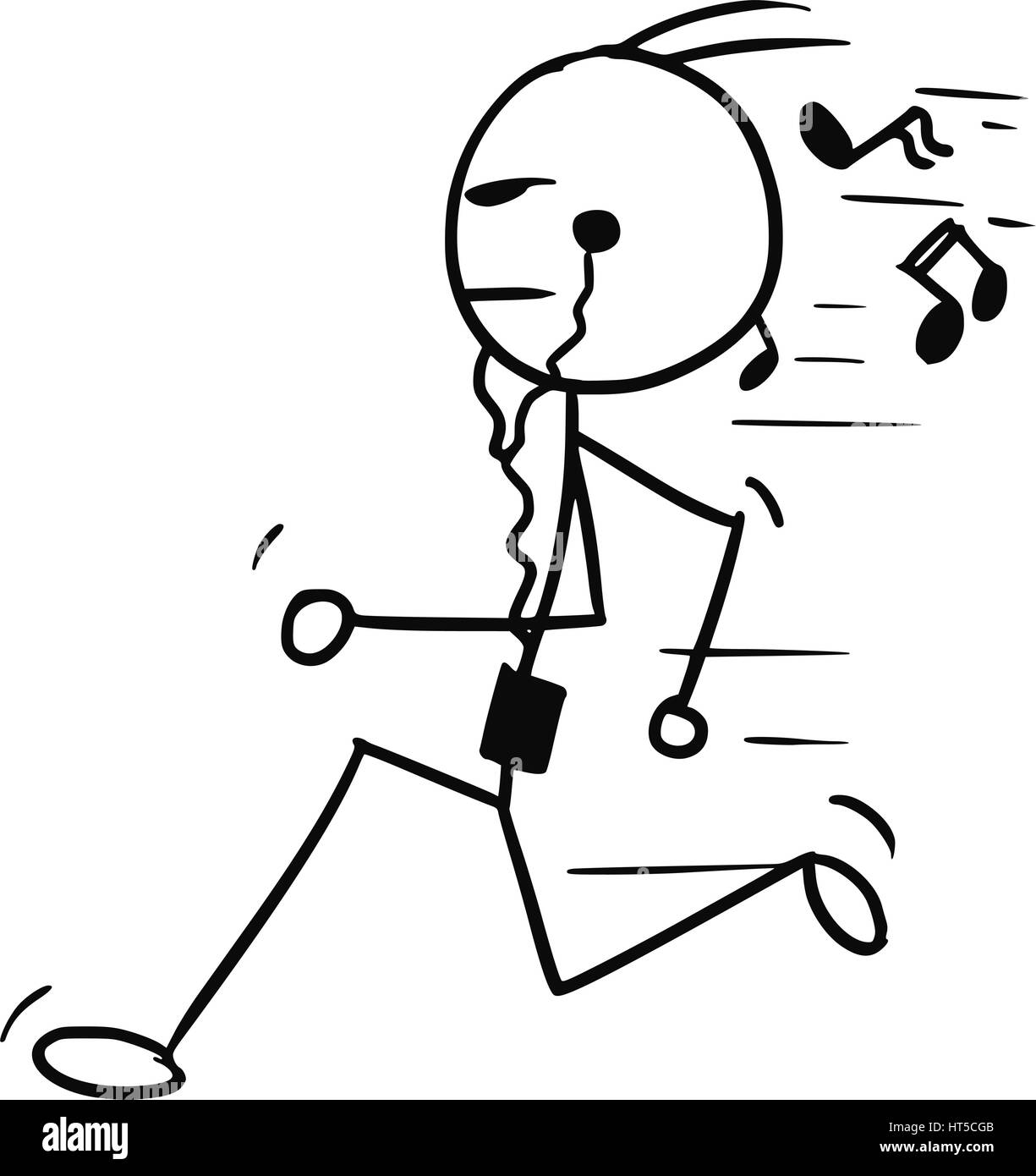 Cartoon-Vektor doodle Stickman laufen mit Musik-Player und Kopfhörer Stock Vektor