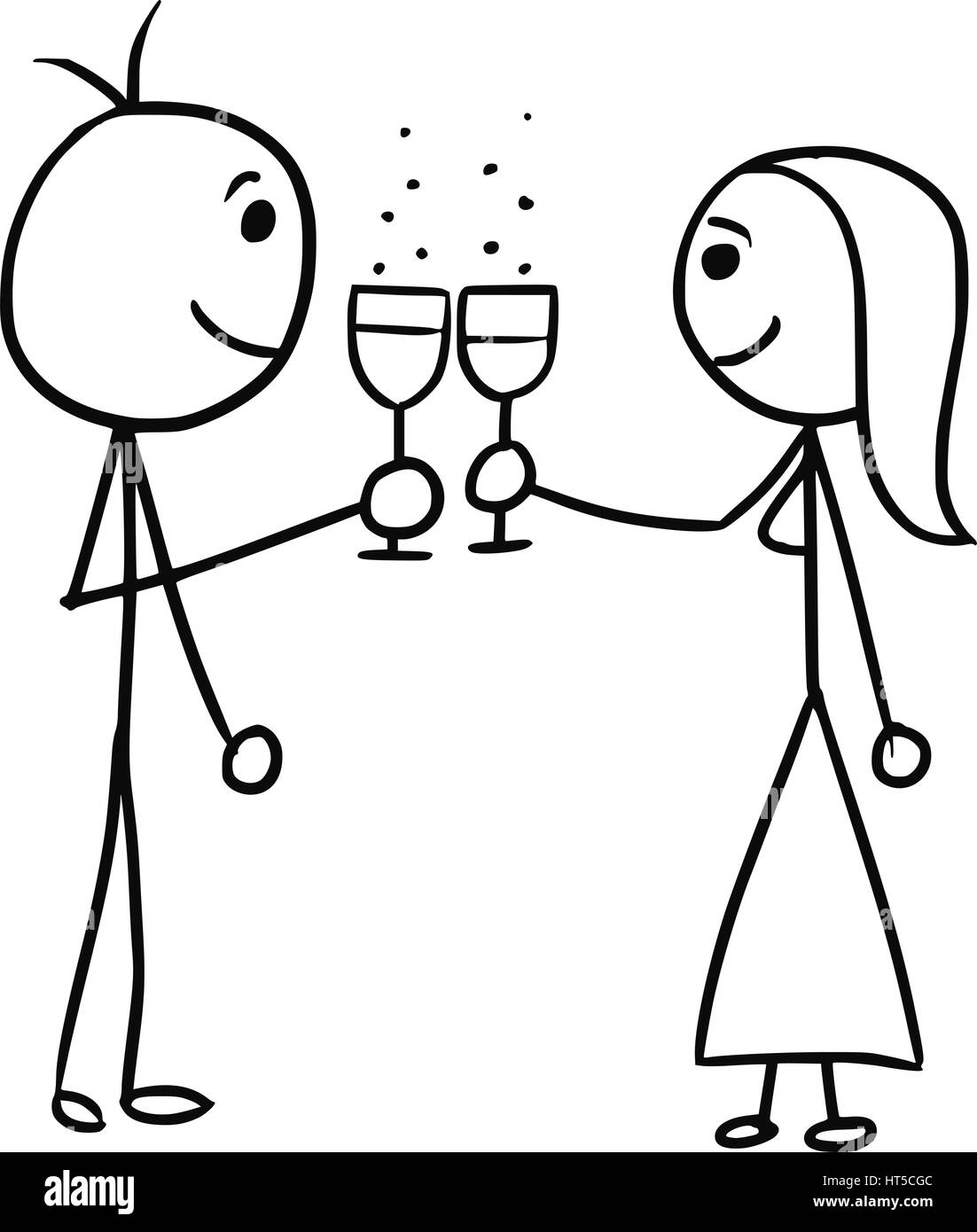 Cartoon Vector Doodle Stickman Mann und Frau berühren Gläser Wein Stock Vektor