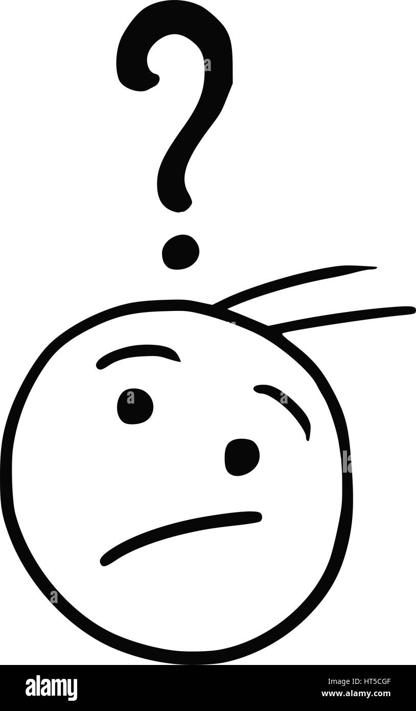 Cartoon-Vektor doodle Stickman männliches Gesicht mit Fragezeichen oben Stock Vektor