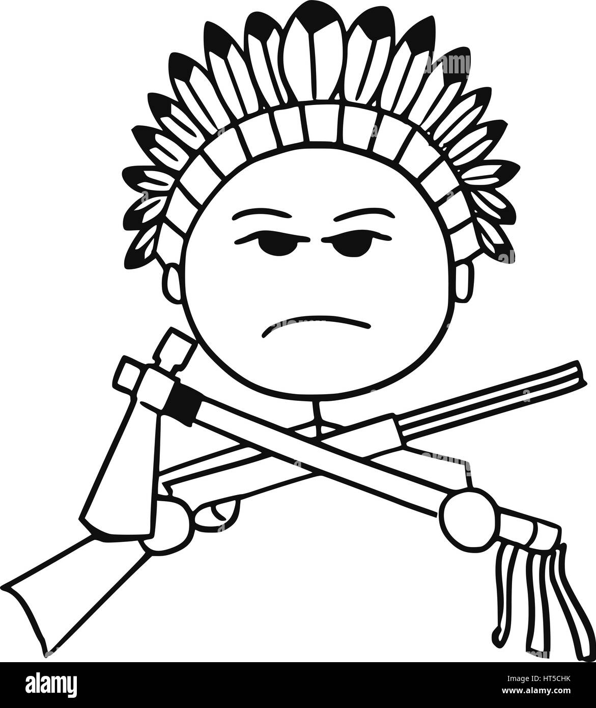 Cartoon Vector Stickman einheimische indische Stammes-Häuptling mit Gewehr und Tomahawk. Stock Vektor