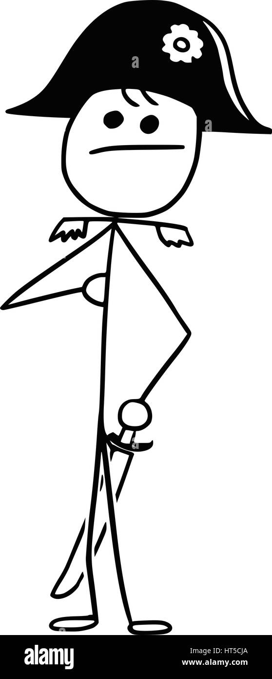 Cartoon-Vektor Stickman Napoleon Bonaparte, Kaiser der Franzosen in Zweispitz Offizier Hütte Stock Vektor