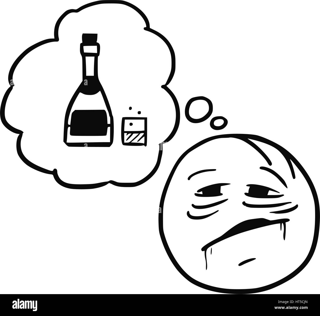 Cartoon-Vektor Stickman durstig alkoholische Nachdenken über Flasche Alkohol Stock Vektor