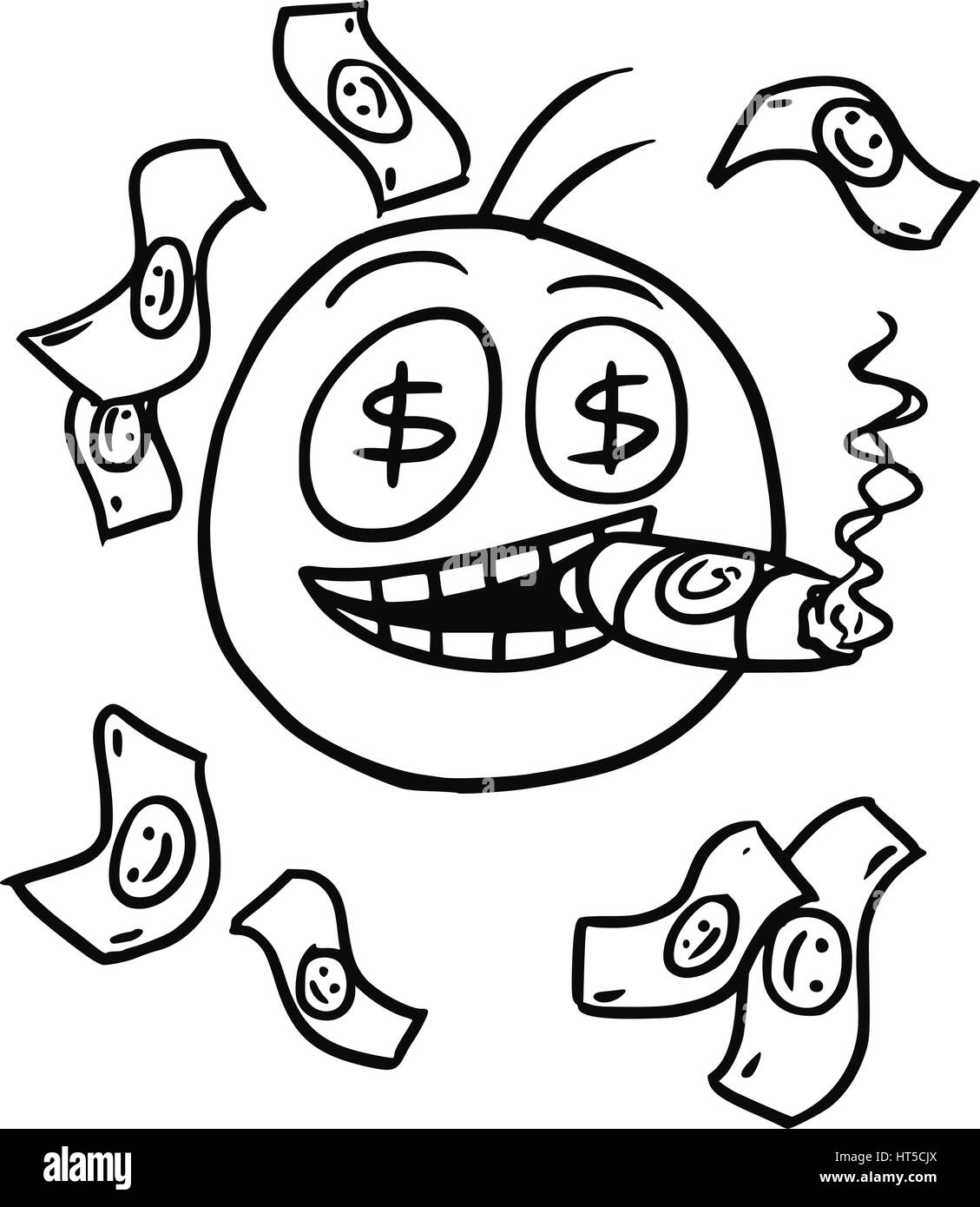 Cartoon-Vektor des Lächelns Stickman mit dicke Zigarre, Dollarzeichen in den Augen und Geld fallen rund um Stock Vektor
