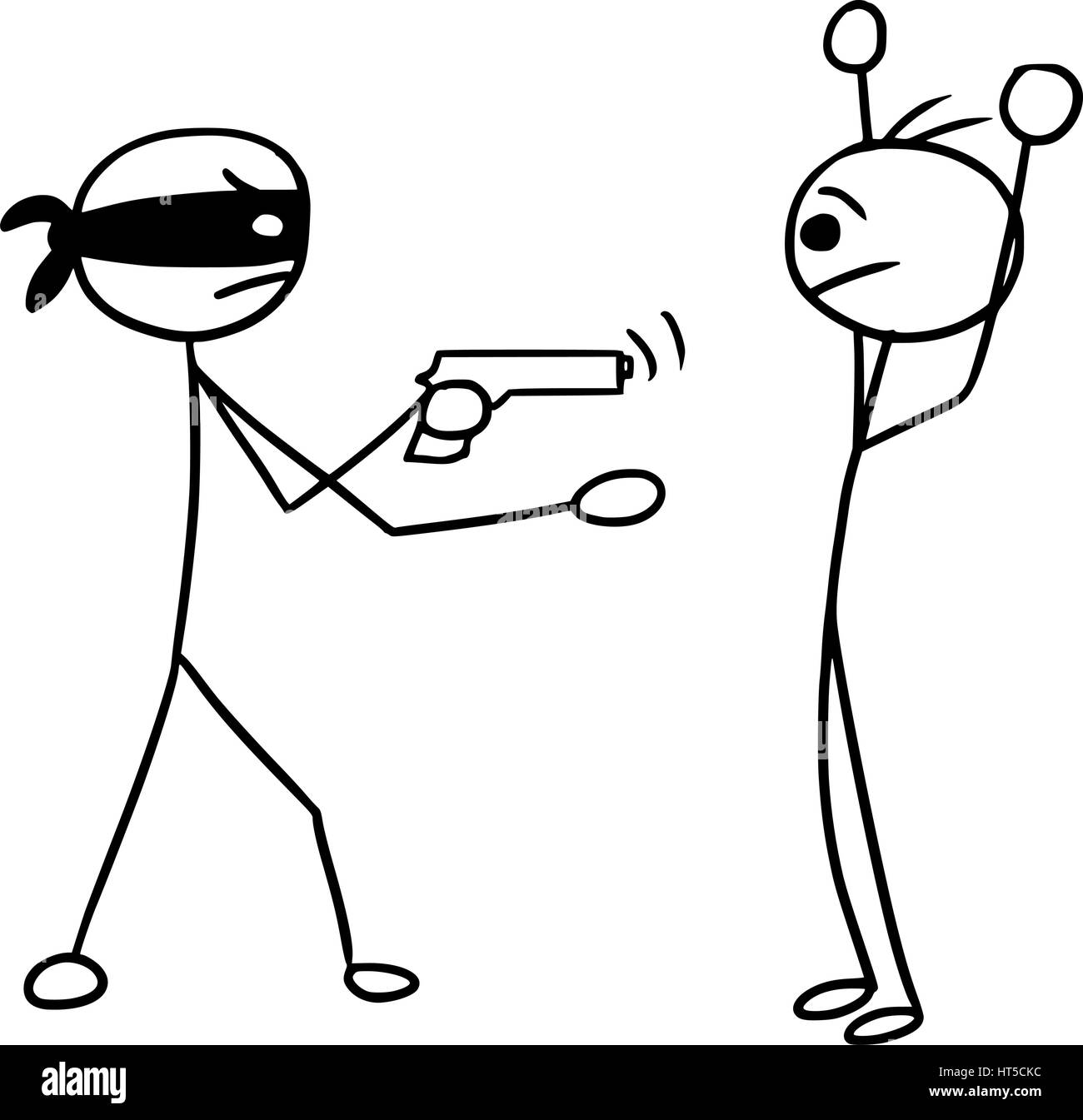Cartoon-Vektor Stickman zwei Mann während bewaffnete Raubüberfälle, Angriff, Becher, Verbrechen mit Pistole, 1 Mannhände hoch; Räuber mit Maske und Pistole Stock Vektor