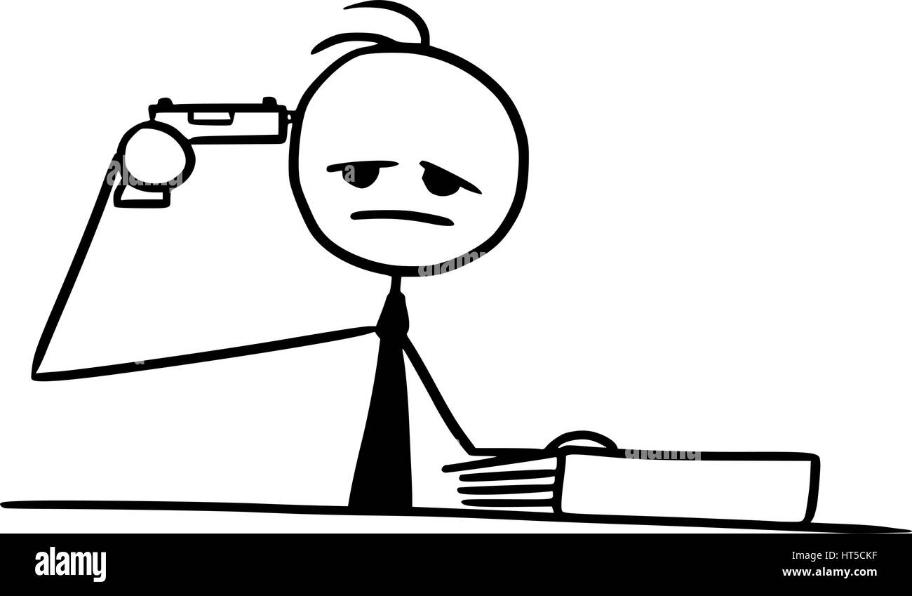 Cartoon-Vektor doodle Stickman zeigt Pistole Pistole an den Kopf, Selbstmord zu begehen Stock Vektor