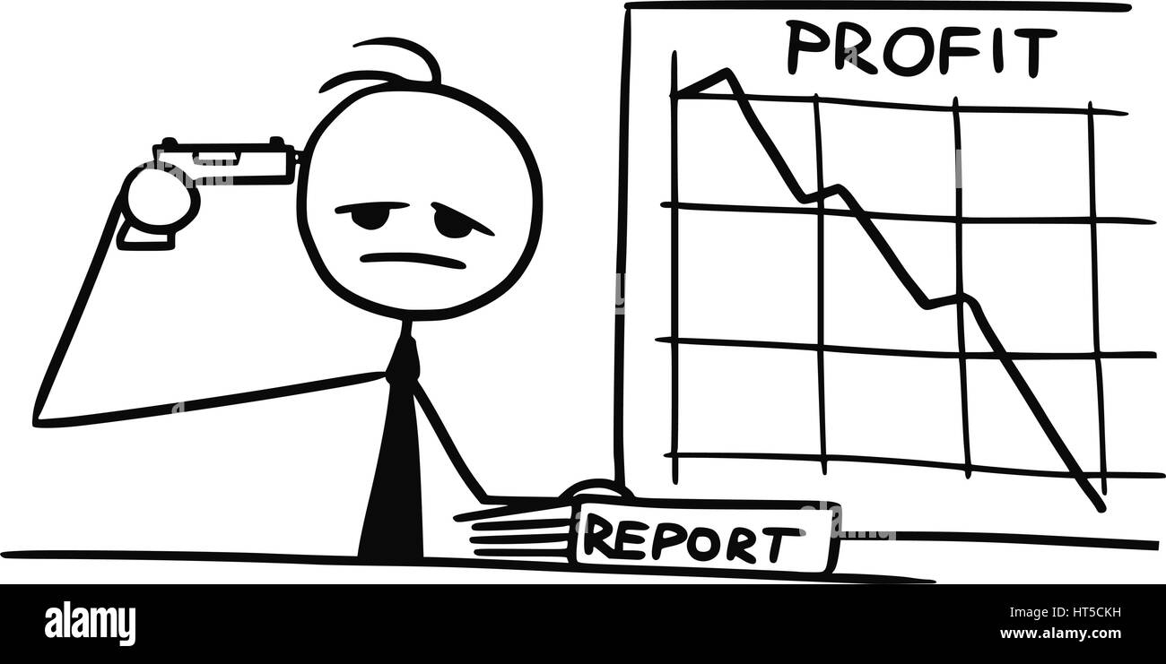 Cartoon-Vektor doodle Stickman Pistole Pistole auf seinen Kopf, Selbstmord zu begehen, wegen der niedrigen Unternehmensgewinn auf Wal-Grafik zeigen Stock Vektor