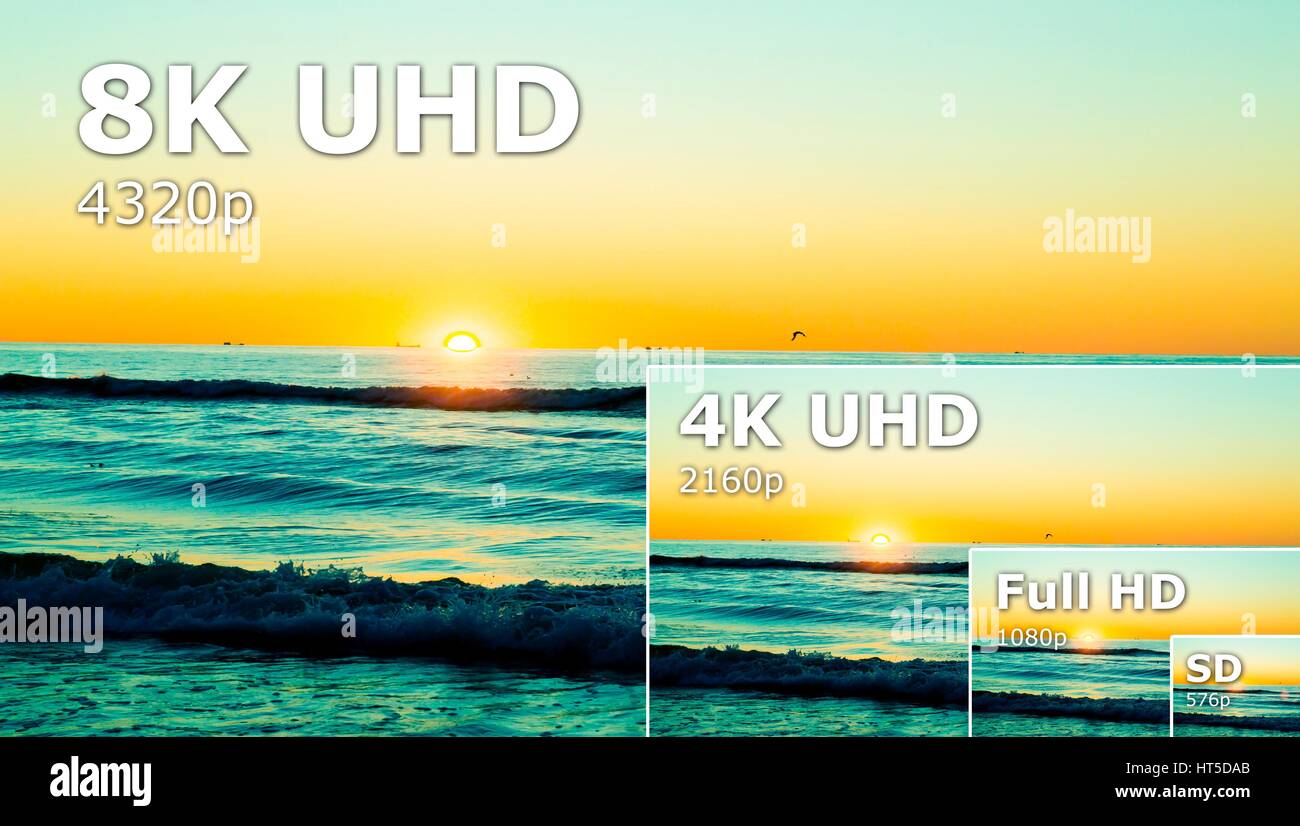Vergleichen von TV-Auflösung. UHD 8k TV Auflösung ultra HD-Konzept Stockfoto