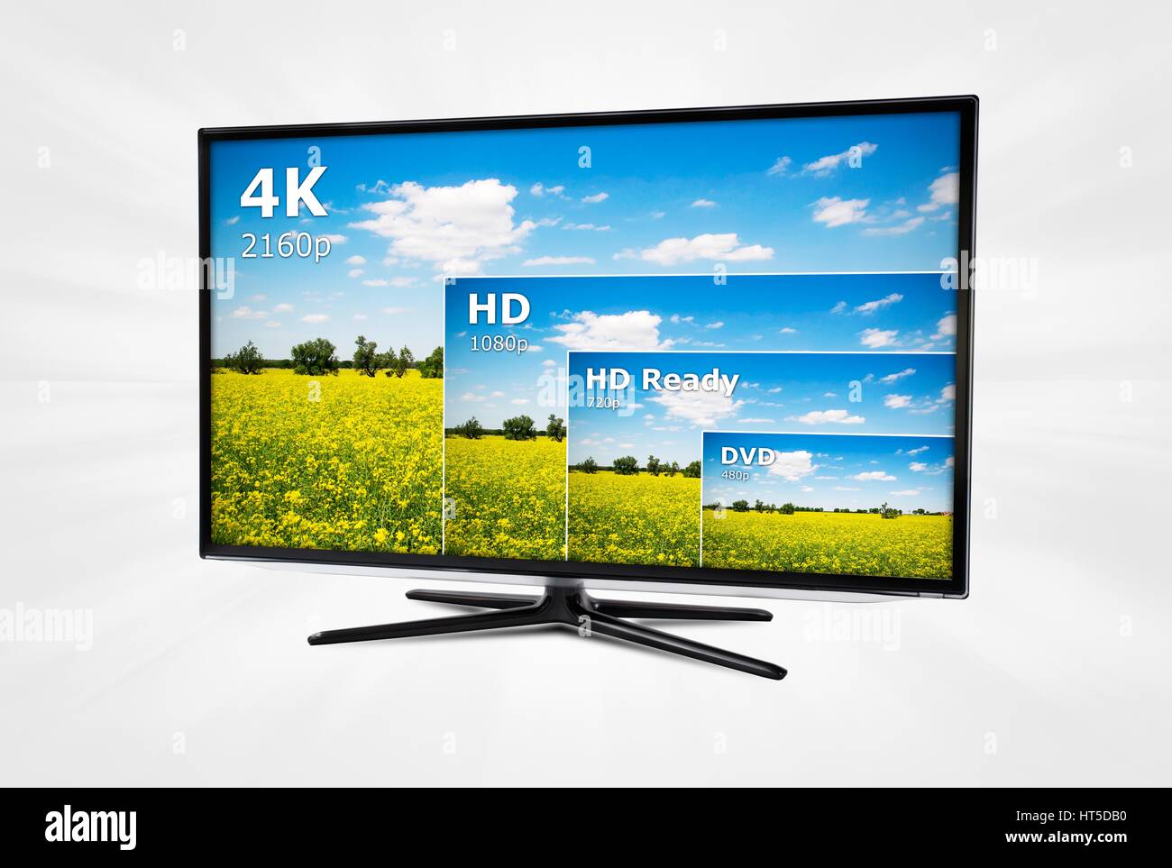 4K TV Display mit Vergleich der Auflösungen Stockfoto