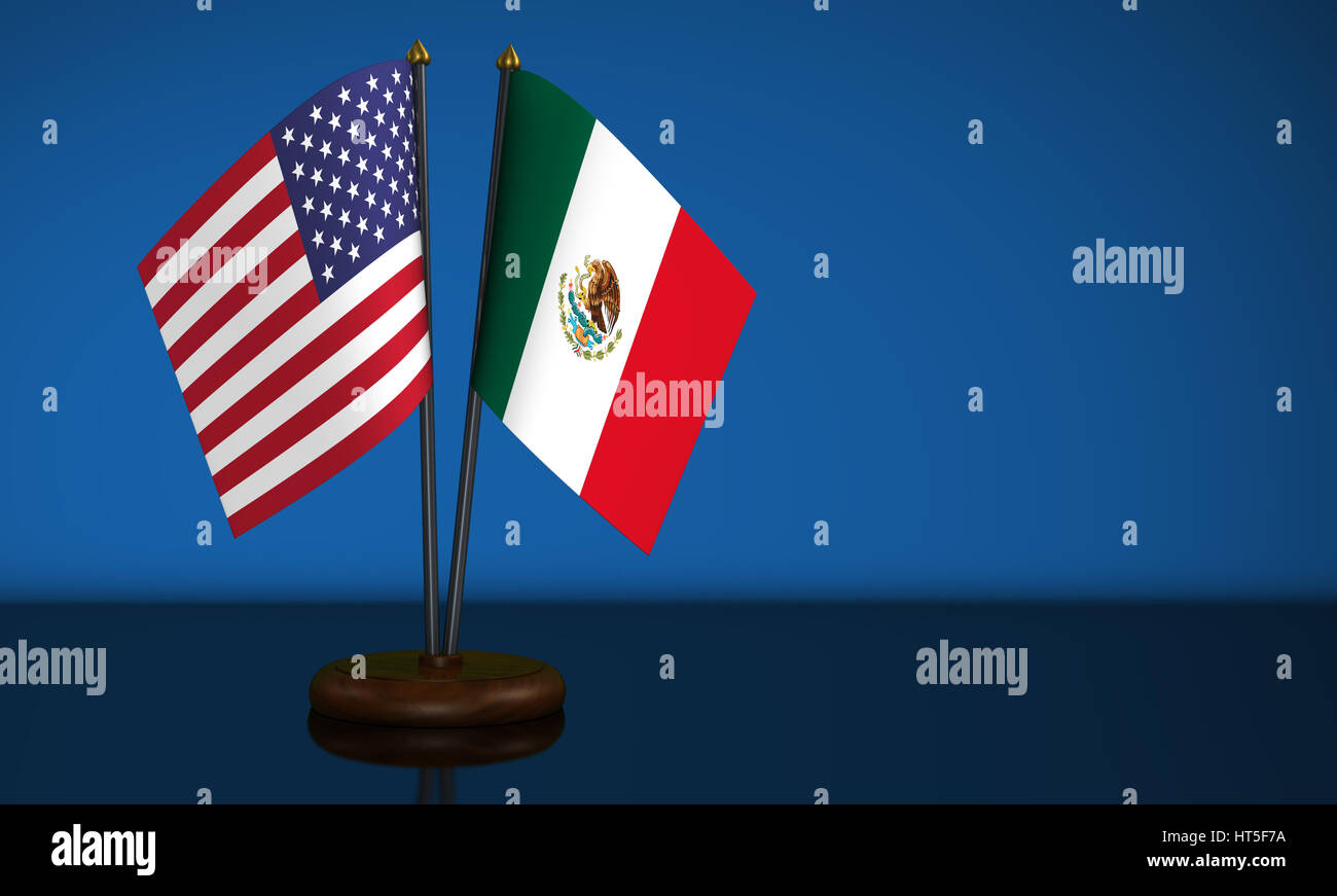 Mexiko Flagge und USA Schreibtisch auf blauem Hintergrund 3D Illustration. Stockfoto