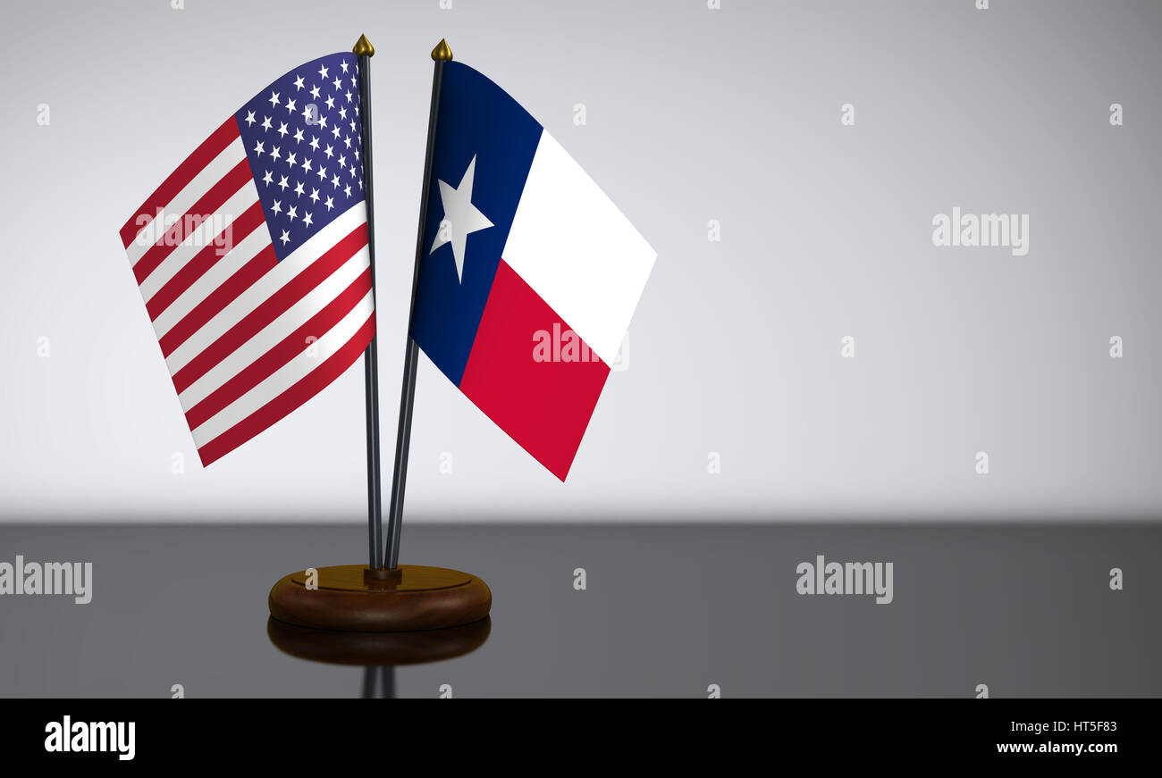 Texas State Flag und USA Schreibtisch Fahnen 3D Illustration. Stockfoto