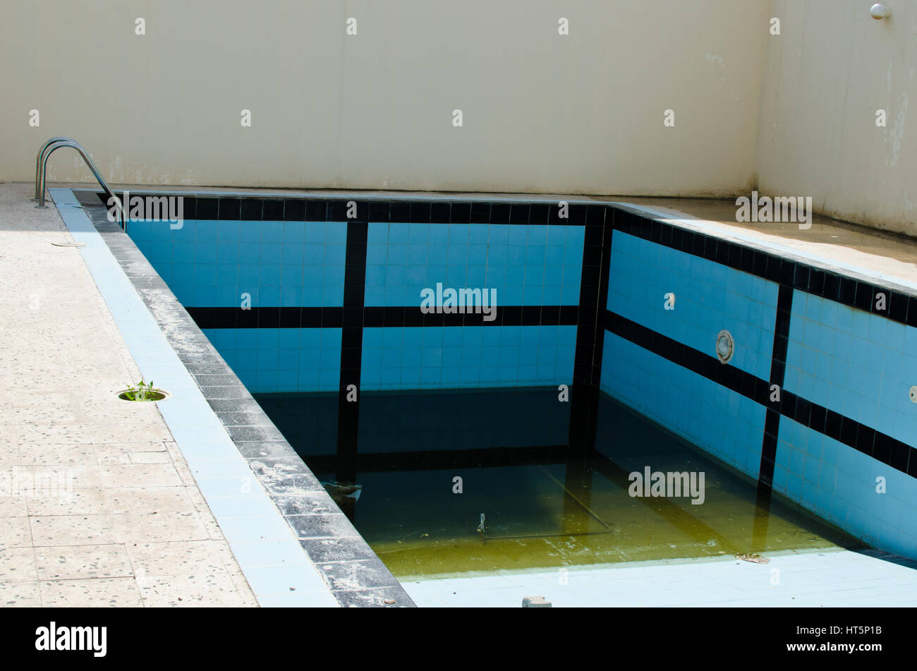 Stehendes Wasser in ungenutzten Schwimmbad, ein idealer Nährboden für Mücken und andere Insekten. Dies ist eine Gefahr für die Gesundheit. Stockfoto