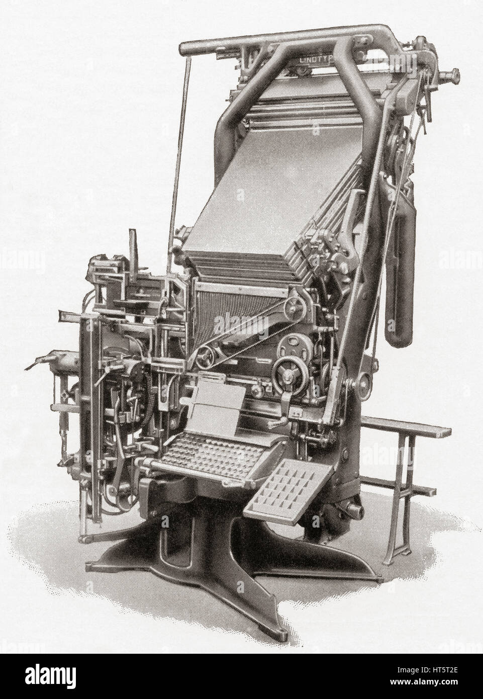 Eine Linotype-Setzmaschine, eine Linie Gießmaschine beim Drucken verwendet.   Aus Meyers Lexikon veröffentlicht 1927. Stockfoto