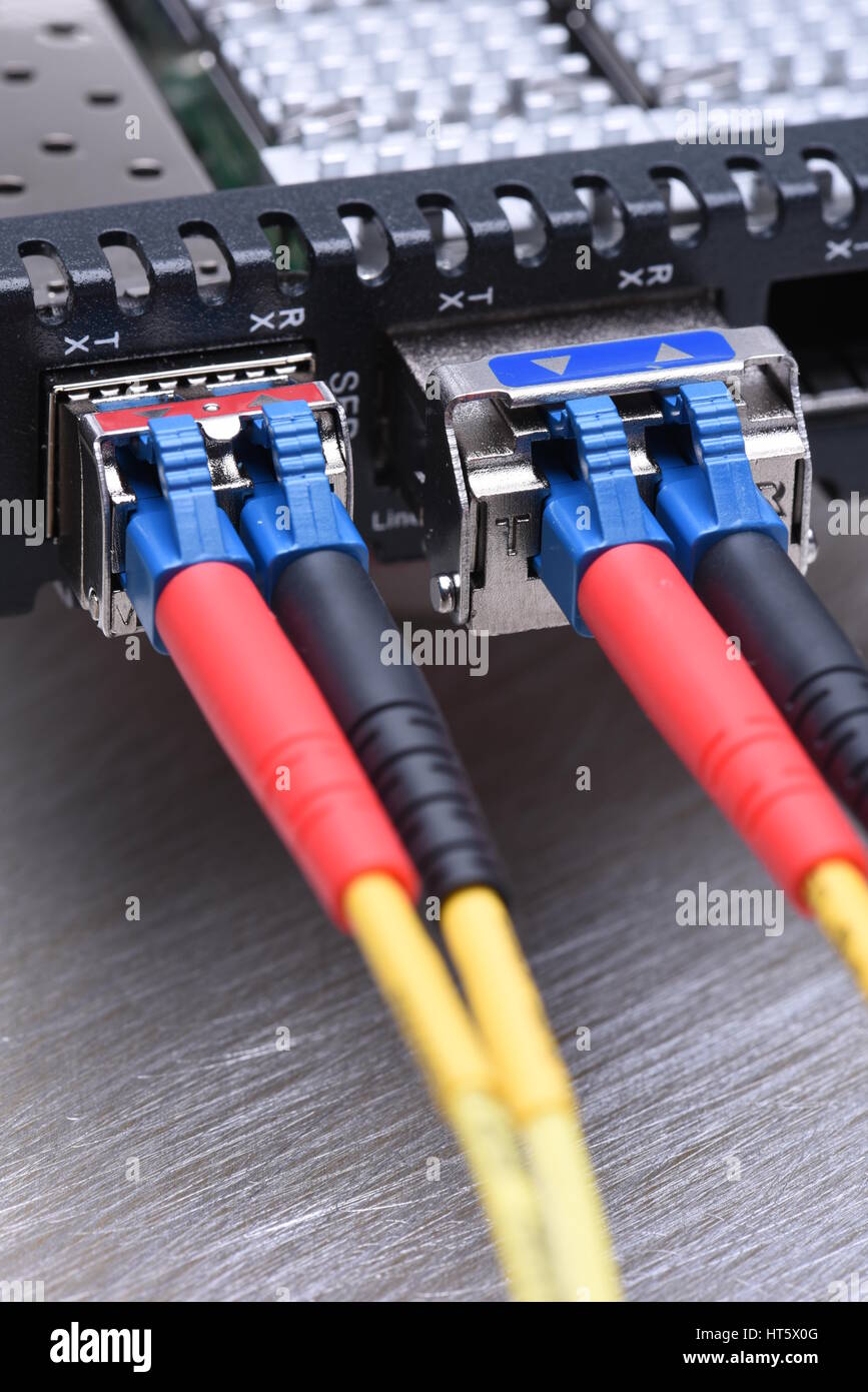 Internet der Dinge LWL Patchkabel mit Gbic Closeup, Informations-und Telekommunikationstechnologie Stockfoto