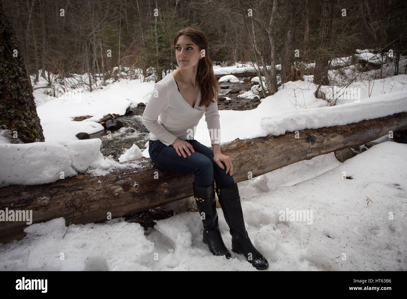 Eine Frau genießt einen Winter-Wald-Szene. Stockfoto
