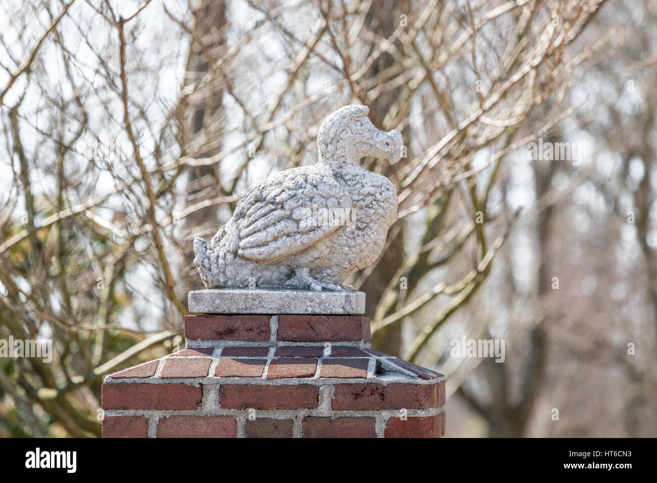 Beton Skulptur eines dodo Vogel auf einem Ziegel Spalte Stockfoto