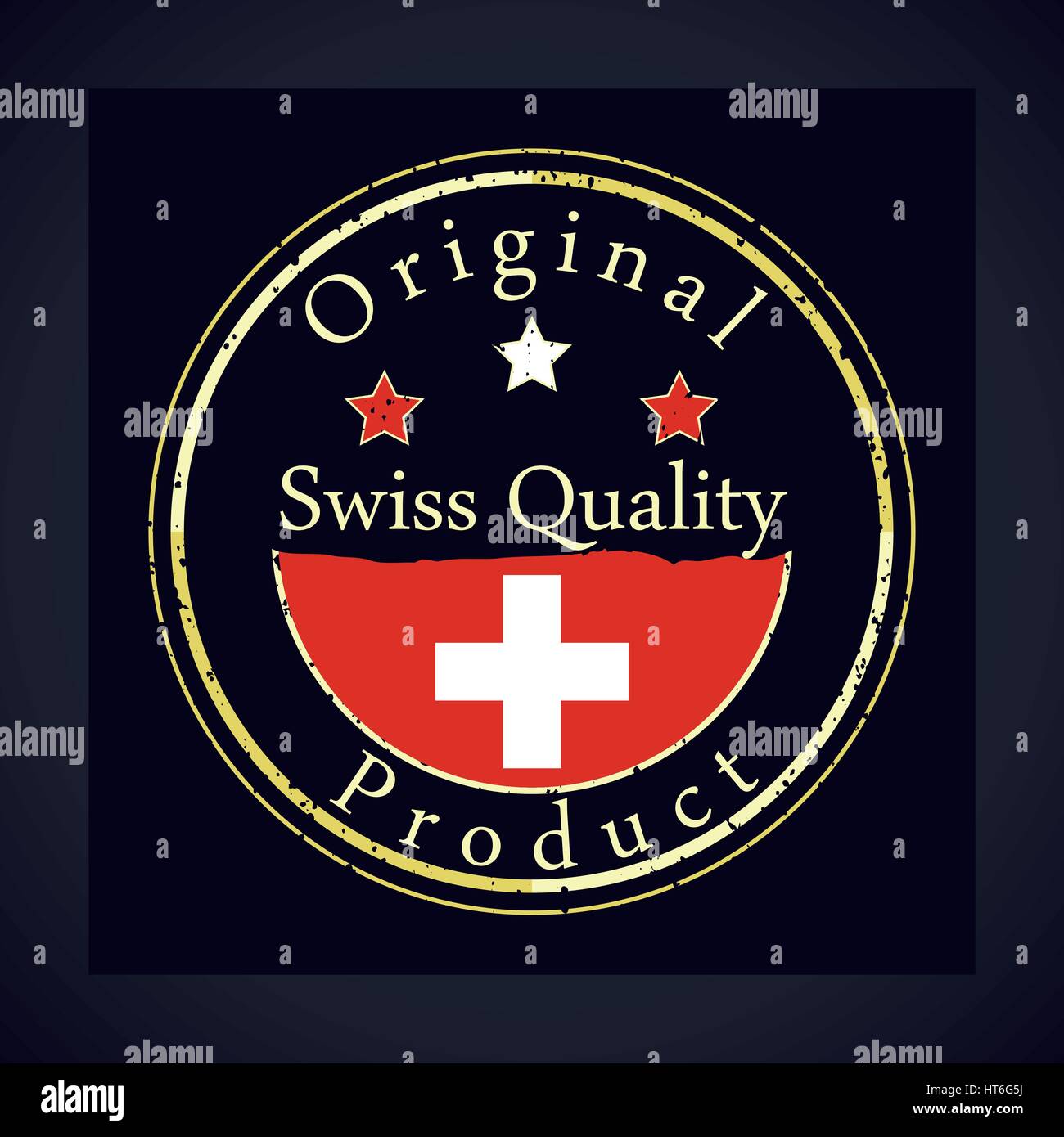 Gold Grunge-Stempel mit der Textqualität Swiss label original Produkt und Schweizer Flagge. Stock Vektor