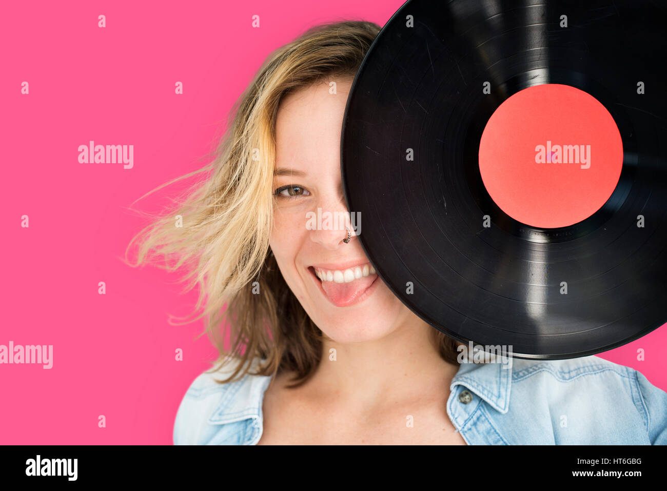 Kaukasische Lady Vintage Vinyl-Konzept Stockfoto