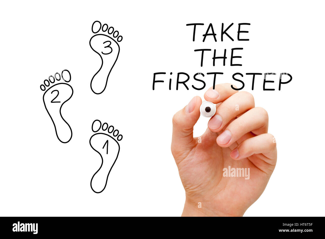Handzeichnung Taking The First Step Konzept mit Filzstift auf transparentem Glas. Stockfoto