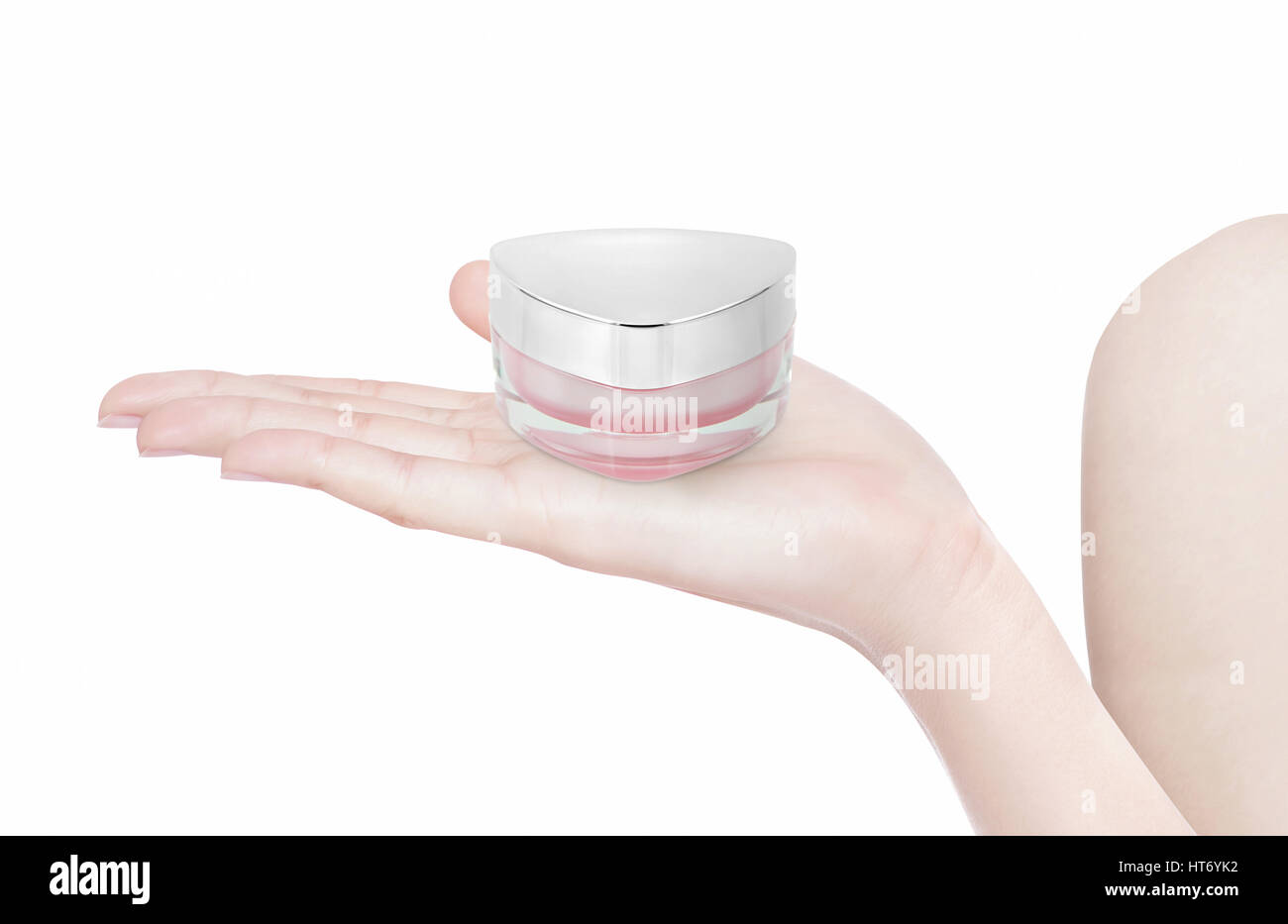 Rosa Dreieck kosmetische Glas auf der Seite isoliert Stockfoto