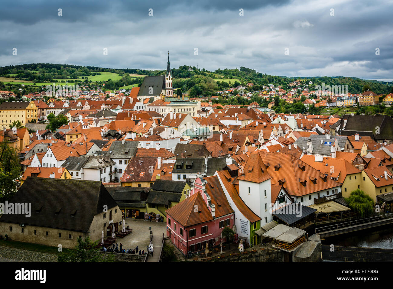 Panorama von Cesky Krumlov, Stadt in der Region Südböhmen in der Tschechischen Republik. Stockfoto