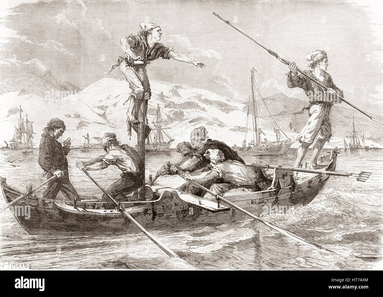 Fischer mit Harpunen, um Schwertfisch an der Küste von Sizilien im 19. Jahrhundert zu fangen. Vom Album-Evenement, Prime du Zeitschrift L'Evenement veröffentlicht 1865. Stockfoto