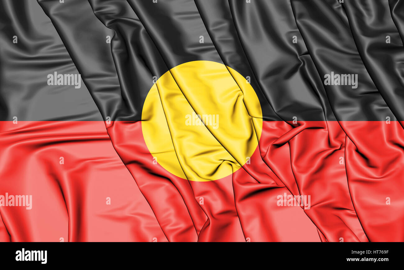 3D australische Aboriginal Flagge. 3D Illustration. Ansicht von vorne. Stockfoto