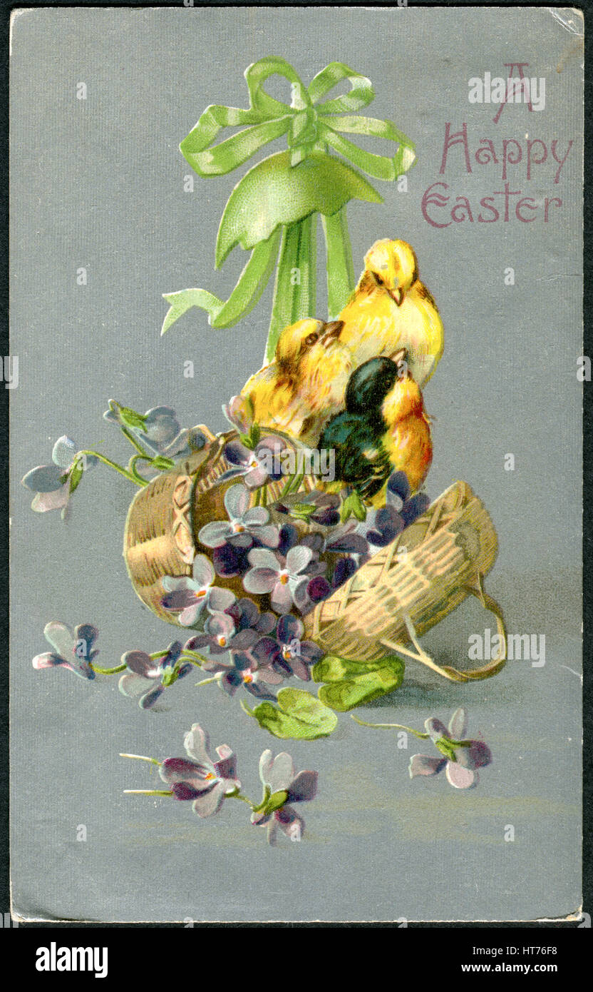 USA - ca. 1909: A Ostern Postkarte gedruckt in den USA, zeigt ein Huhn in einem Blumenkorb, ca. 1909 Stockfoto